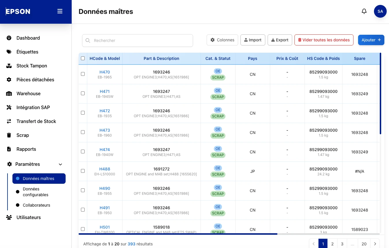 Epson, Repository · Master data, screenshot of the label management web app built by FreshMarkom