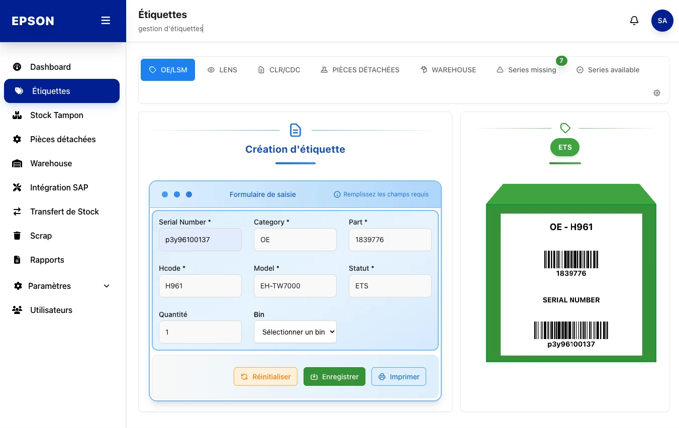 Epson, Label creation & printing, screenshot of the label management web app built by FreshMarkom