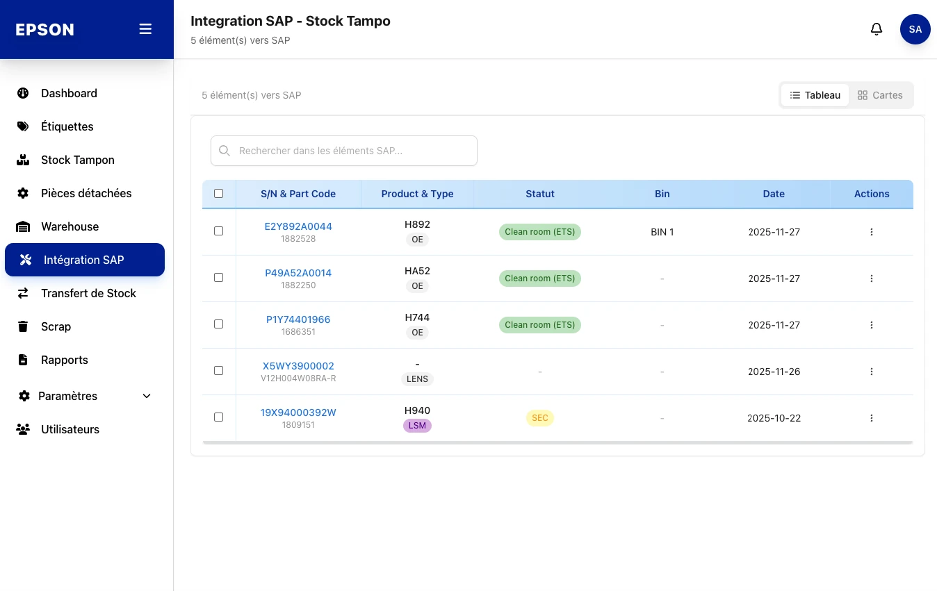 Epson, Sync to SAP, screenshot of the label management web app built by FreshMarkom