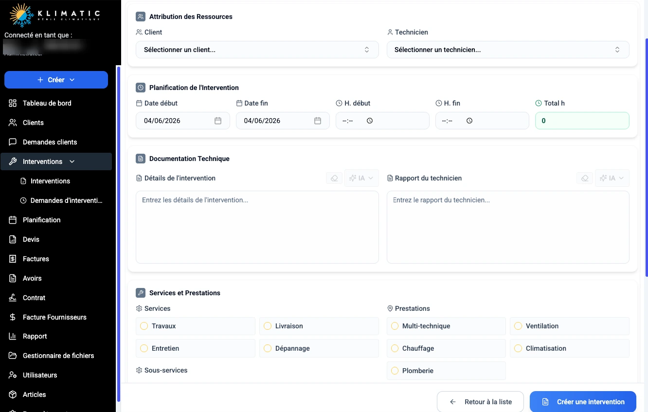 Klimatic, Interventions (2), screenshot of the HVAC management SaaS app built by FreshMarkom