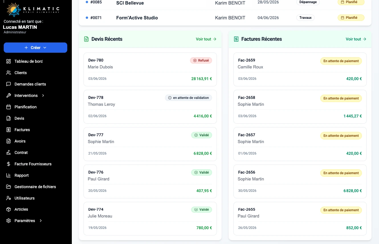 Klimatic, Dashboard (2), screenshot of the HVAC management SaaS app built by FreshMarkom