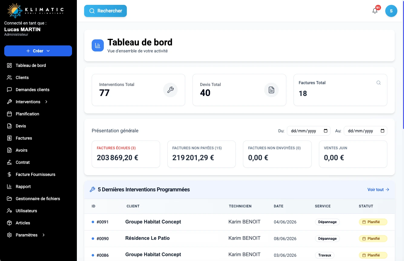 Klimatic, Dashboard, screenshot of the HVAC management SaaS app built by FreshMarkom