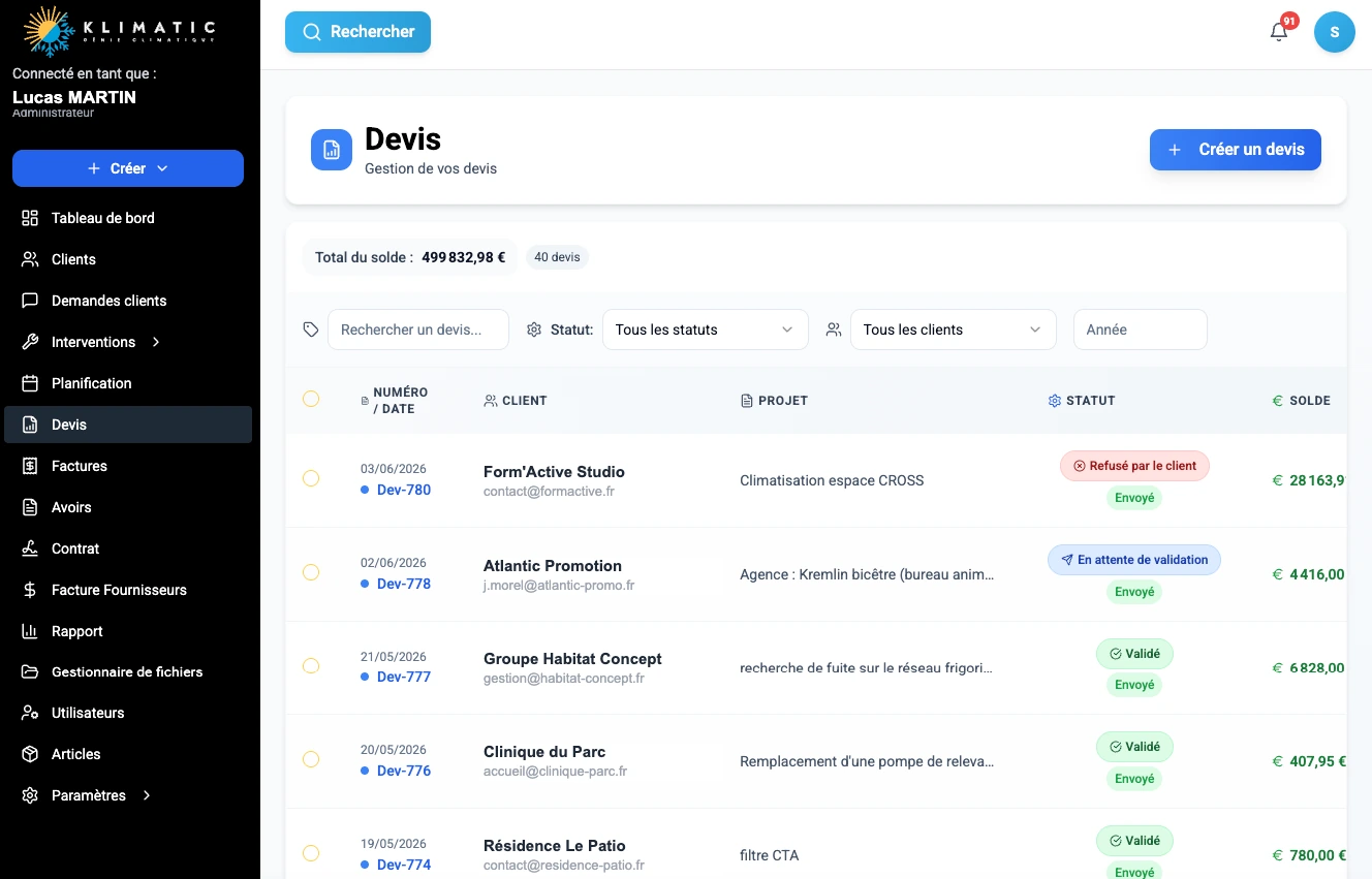 Klimatic, Quotes, screenshot of the HVAC management SaaS app built by FreshMarkom