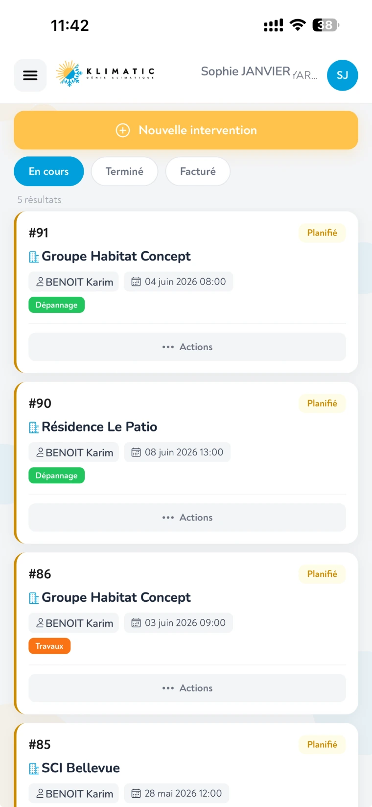Klimatic, My interventions, screenshot of the HVAC management SaaS app built by FreshMarkom