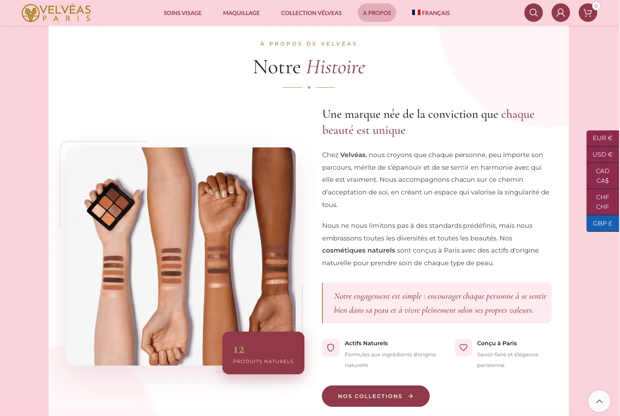 Velvéas Paris, About · Our Story, screenshot of the cosmetics e-commerce store built by FreshMarkom