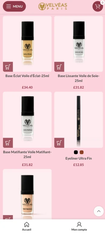 Velvéas Paris, Catalogue mobile, screenshot of the cosmetics e-commerce store built by FreshMarkom