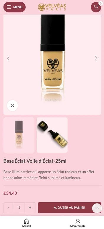 Velvéas Paris, Produit mobile, screenshot of the cosmetics e-commerce store built by FreshMarkom